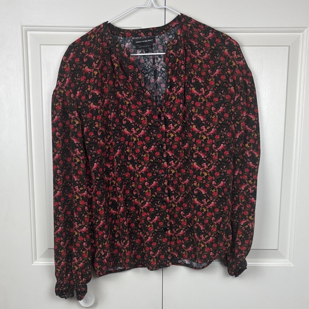 Something Navy Black and Red Floral Blouse - XS - Picture 1 of 7